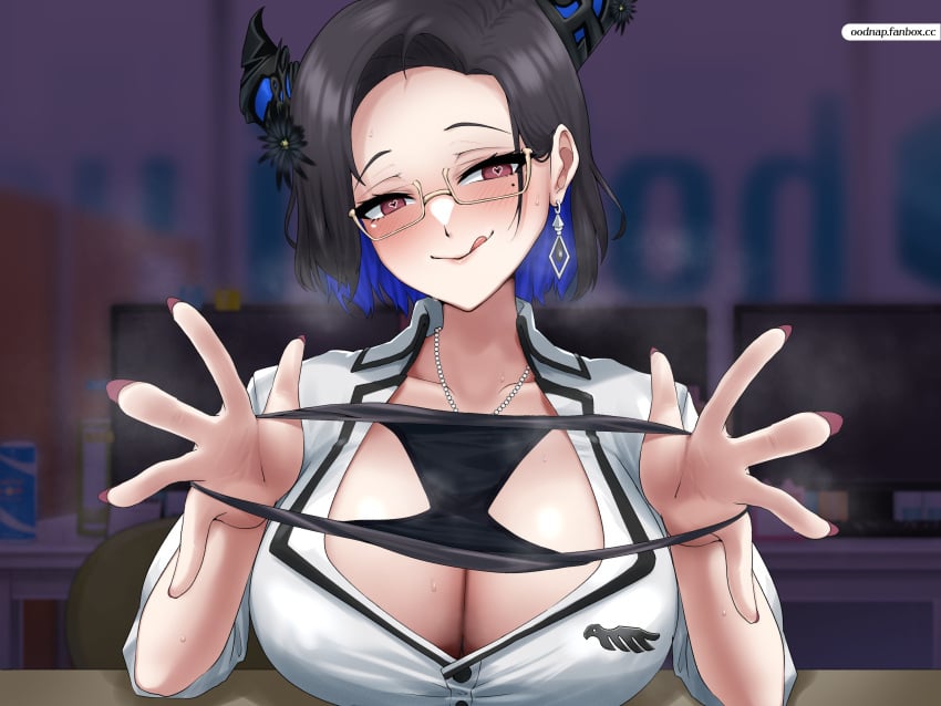 1girls :q absurdres black_hair blue_hair breasts cleavage demon_horns desk earrings female highres holding holding_panties holding_underwear holding_unworn_clothes hololive hololive_english hololive_english_-advent- horns indoors jewelry large_breasts looking_at_viewer mole mole_under_eye multicolored_hair necklace nerissa_ravencroft nerissa_ravencroft_(casual) office official_alternate_costume official_alternate_hair_length official_alternate_hairstyle oodnap panties red_eyes red_nails short_hair solo tongue tongue_out two-tone_hair underwear virtual_youtuber