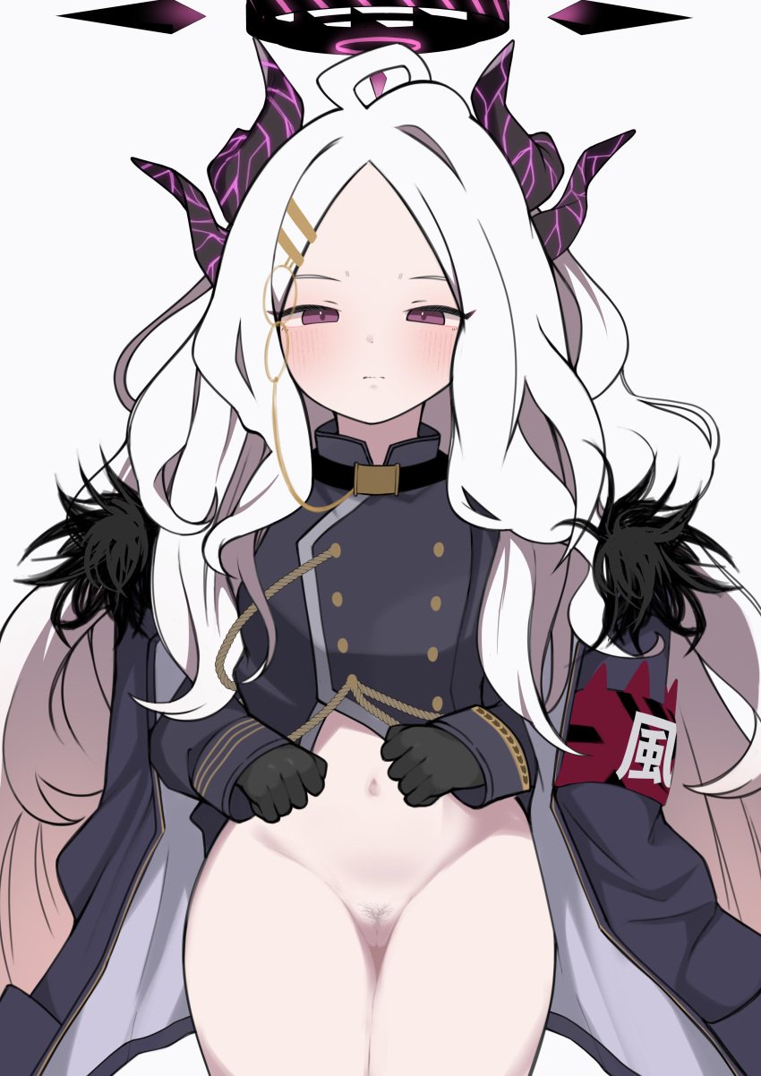 absurdres ahoge black_coat black_gloves black_halo blue_archive blush coat coat_on_shoulders demon_girl demon_horns demon_wings female gloves halo highres hina_(blue_archive) horns kumano_foo long_hair looking_at_viewer navel panties pubic_hair purple_eyes side-tie_panties simple_background solo sparse_pubic_hair standing underwear white_background white_hair wings