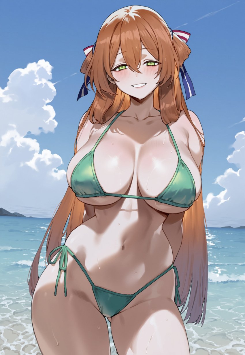1girls ai_generated big_breasts breasts brown_hair female female_focus girls'_frontline green_eyes hips huge_breasts large_breasts light-skinned_female looking_at_viewer navel springfield_(girls'_frontline)