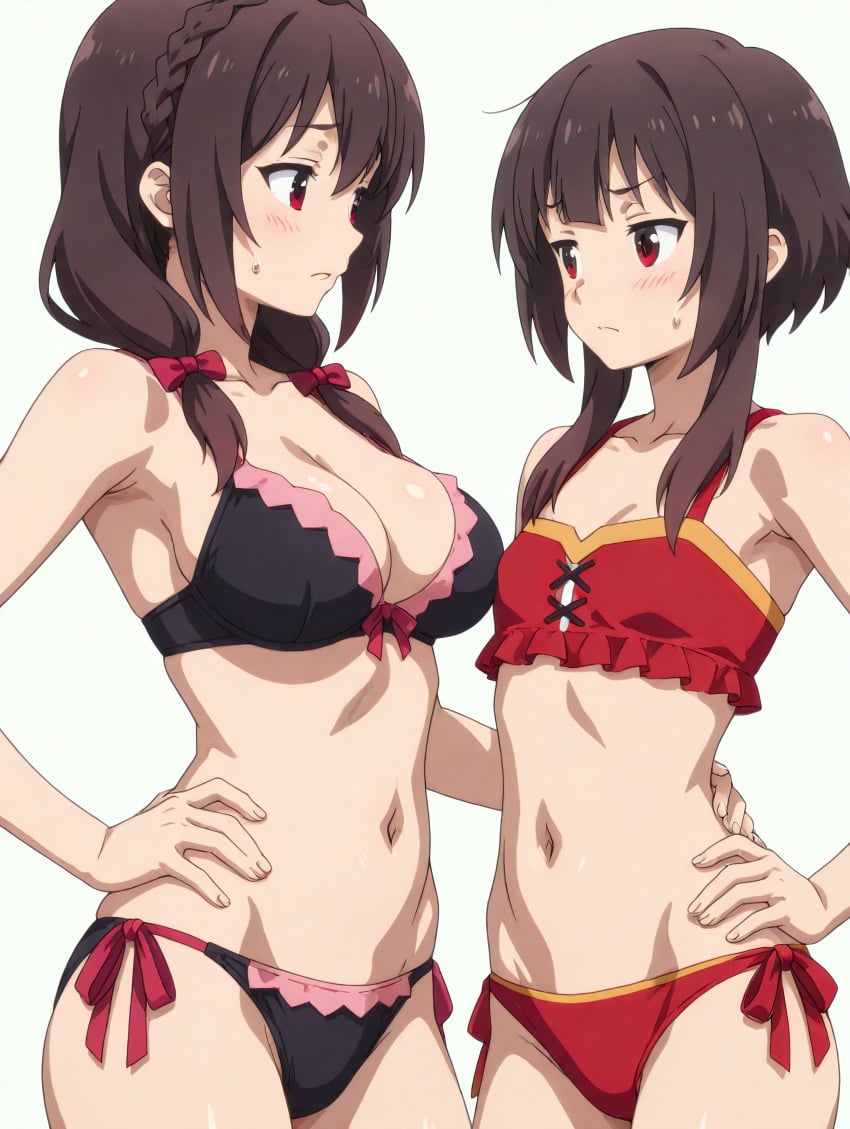 2girls ai_assisted ai_generated black_hair breast_comparison breast_contest breast_press breast_size_difference breasts brown_hair embarrassed envious envy hair_ornament kono_subarashii_sekai_ni_shukufuku_wo! large_breasts megumin multiple_girls red_eyes short_hair short_hair_with_long_locks small_breasts spasibo15 swimsuit yunyun_(konosuba)