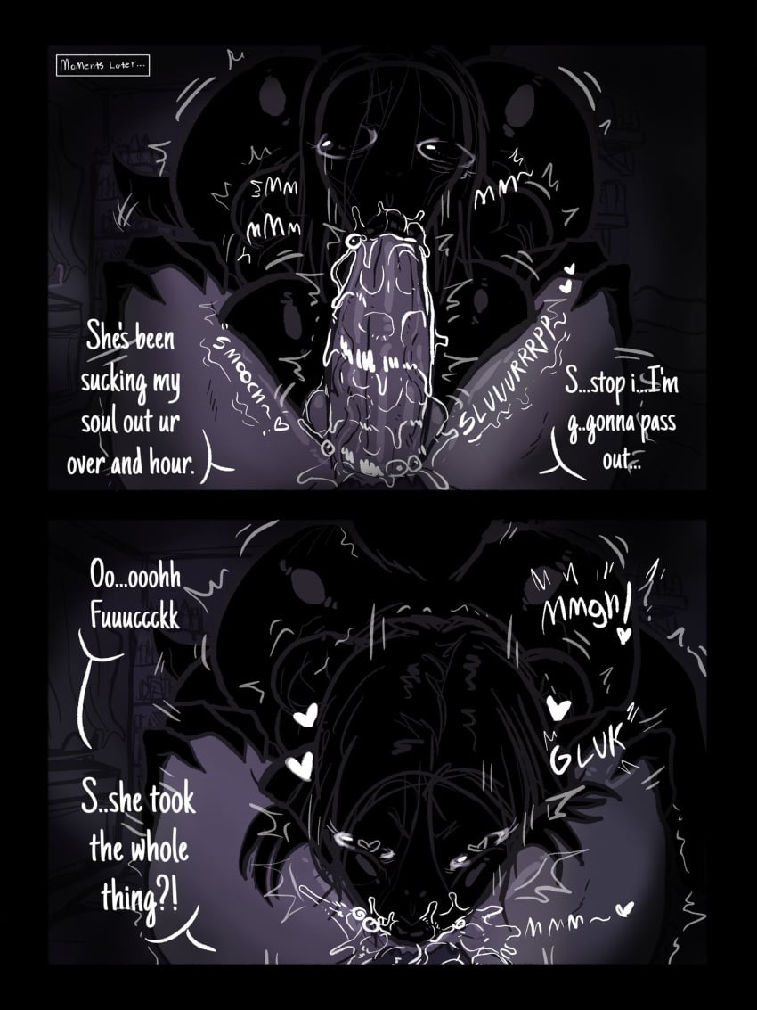 1boy 1girls artist_logo bedroom black_skin blowjob blowjob_face blurry_vision butt_bump cheeks_full cock cock_hungry comic comic_page creature creepy creepy_eyes dark-skinned_female dark_room deep_blowjob deep_throat deepthroat demon demon_girl dialog dialogue digital_media_(artwork) drool face_down fellatio first_person_view grabbing_knees hands_on_knees head_between_thighs heart_eyes hi_res highres kojoarts larger_female laying_down laying_on_back laying_on_bed leaning_forward legs_apart legs_held_open legs_spread light-skinned_male long_hair looking_at_viewer monster monster_girl mouth_on_penis naked night night_time nude onomatopoeia oral oral_penetration oral_sex penis_in_mouth perspective perspective_shot pov saliva_drip sleep_paralysis_demon sleep_paralysis_demon_(kojoarts) sloppy sloppy_blowjob sloppy_deepthroat sloppy_fellatio sloppy_sounds slurp slurping smaller_male spit_bubble spread_legs sucking_penis text throat_fuck twitch_lines veiny_penis voluptuous voluptuous_female wet_penis wide_eyed wide_hips