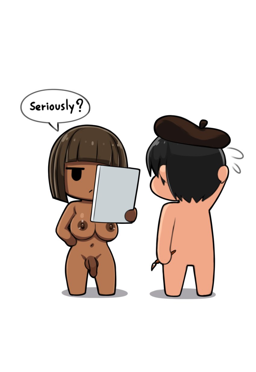 1boy 1futa 2d 2d_artwork areolae arms_up athletic athletic_female athletic_futa bangs big_breasts bob_cut breasts breasts_out bretta_(capydiem) brown_eyes brown_hair busty chibi dark-skinned_futa dark_skin female foreskin futa_focus futanari hourglass_figure intersex large_breasts male navel nipples original original_character penis penis_out pinup pinup_pose saberrung short_hair uncircumcised wide_hips