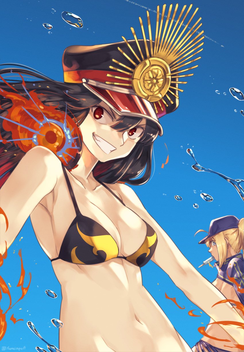 2girls artoria_pendragon_(fate) bare_armpits bare_arms bare_belly bare_chest bare_hands bare_hips bare_midriff bare_navel bare_shoulders bare_skin belly belly_button bikini bikini_only bikini_top black_hair black_hair_female blonde_eyebrows blonde_female blonde_hair blonde_hair blonde_hair_female blue_background blue_eyes blue_eyes_female breasts brown_eyes brown_eyes_female cap cleavage collarbone exposed_armpits exposed_arms exposed_belly exposed_chest exposed_hips exposed_midriff exposed_navel exposed_shoulders exposed_skin fate/grand_order fate_(series) female female_focus female_only fumato hair_between_eyes halterneck hat high_resolution highres lean_figure long_hair looking_at_viewer medium_breasts midriff multiple_females multiple_girls mysterious_heroine_xx_(fate) narrow_waist navel oda_nobunaga_(fate) oda_nobunaga_(swimsuit_berserker)_(fate) oda_nobunaga_(swimsuit_berserker)_(second_ascension)_(fate) parted_lips ponytail shoulders simple_background slender_body slender_waist slim_waist smile smiley_face smiling smiling_at_viewer standing string_bikini swimsuit swimwear upper_body