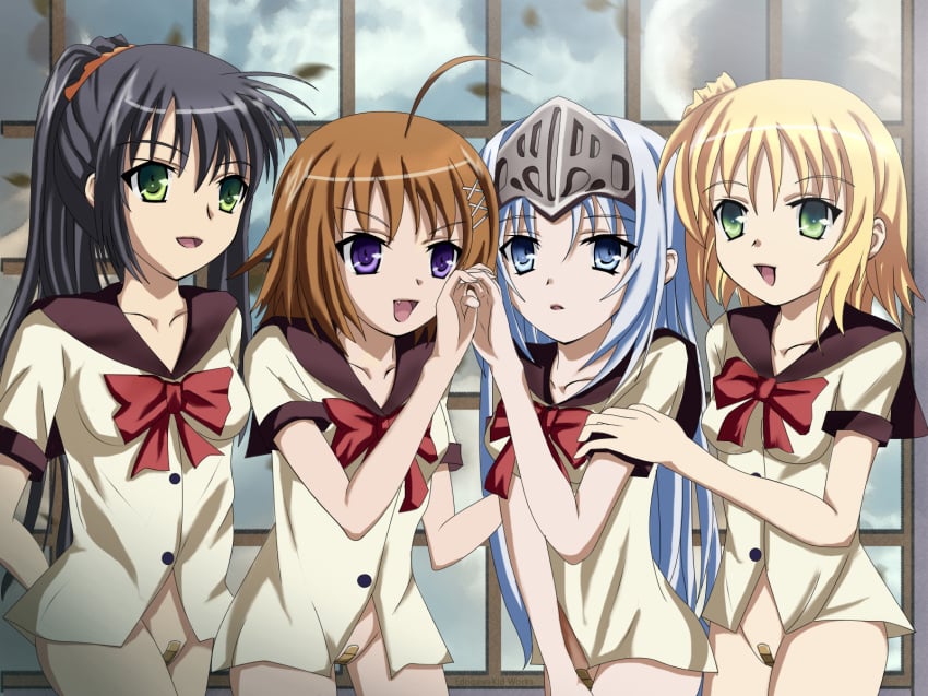 4girls bandaid bandaid_on_pussy eucliwood_hellscythe haruna_(kore_wa_zombie_desu_ka?) highres kore_wa_zombie_desu_ka? maebari maelstrom multiple_girls no_panties pointy_chin school_uniform seraphim_(kore_wa_zombie_desu_ka?) smile yoshida_yuki