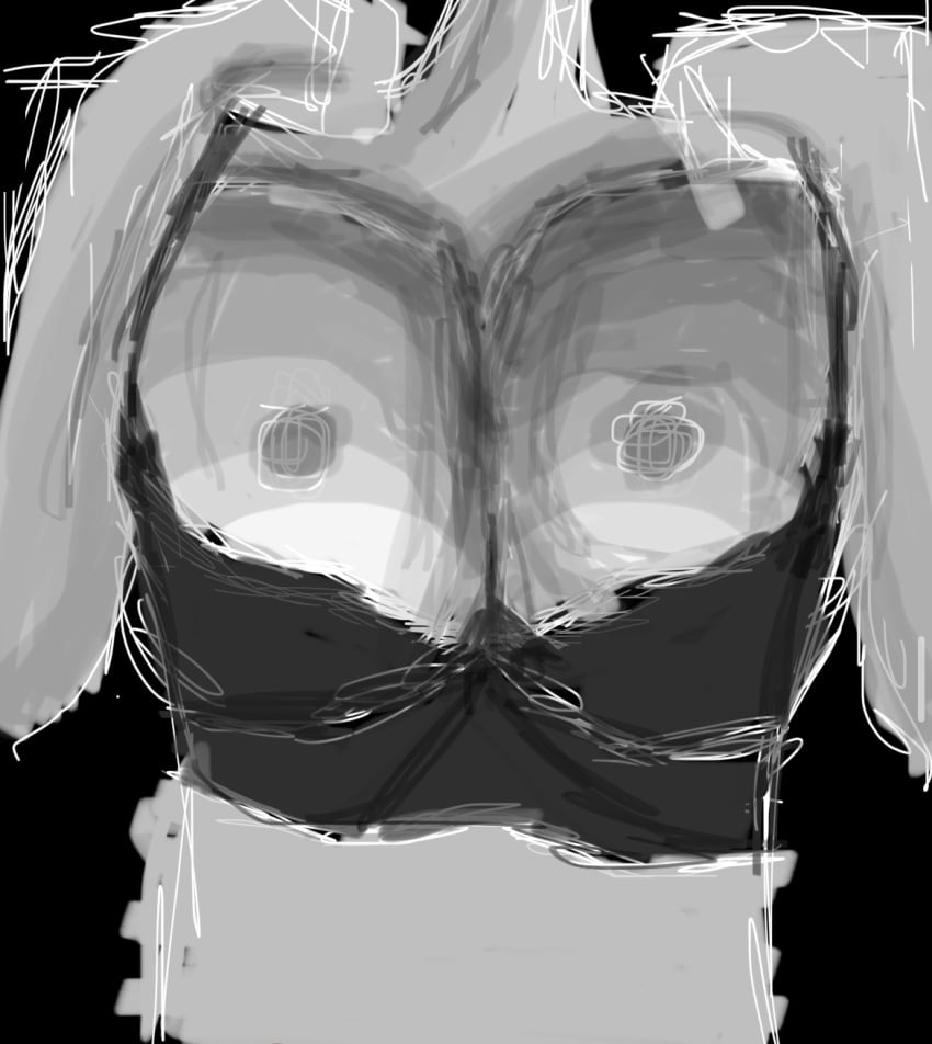 areola areolae big_breasts black_and_white bra breasts breasts breasts_out half_naked monochrome original_character