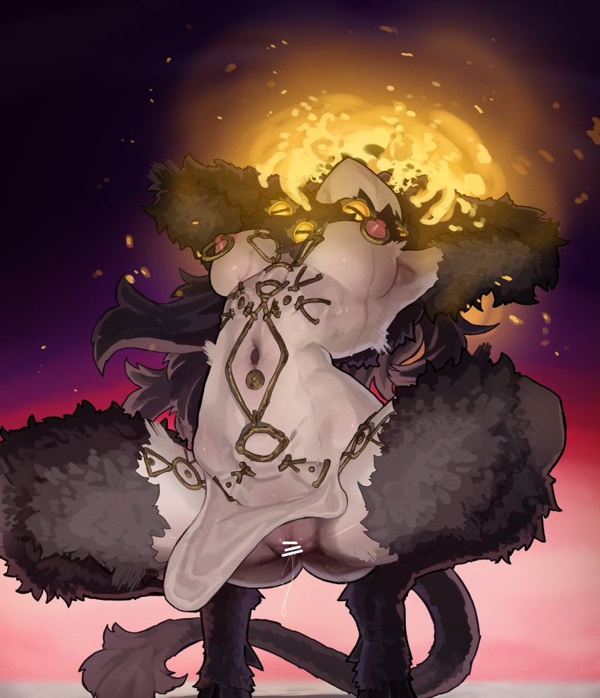 absurdres armpits bar_censor breasts censored clothing_aside commentary_request ekrea_jan elden_ring elden_ring_nightreign female genderswap_(mtf) head_back highres large_breasts libra_(elden_ring) libra_creature_of_night madness_affliction_(elden_ring) monster_girl navel nipple_piercing nipple_rings pelvic_curtain pelvic_curtain_aside personification piercing pussy rule_63 spread_legs squatting
