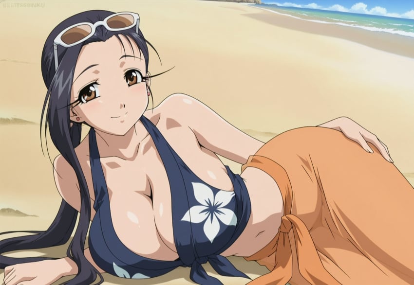1girls ai_generated amaenaideyo amaenaideyo!! beach black_hair breasts brown_eyes cleavage female floral_print large_breasts long_hair looking_at_viewer lying_on_side mature_female midriff miyako_amanogawa outdoors ponytail smile sunglasses sunglasses_on_head