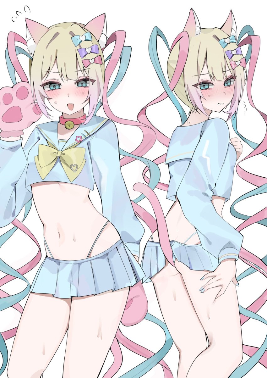 adapted_costume ass blue_nails cat_ears cat_paws chouzetsusaikawa_tenshi-chan embarrassed fake_smile full-face_blush looking_at_viewer multiple_views needy_girl_overdose needy_streamer_overload paw_gloves petite sweaty thong