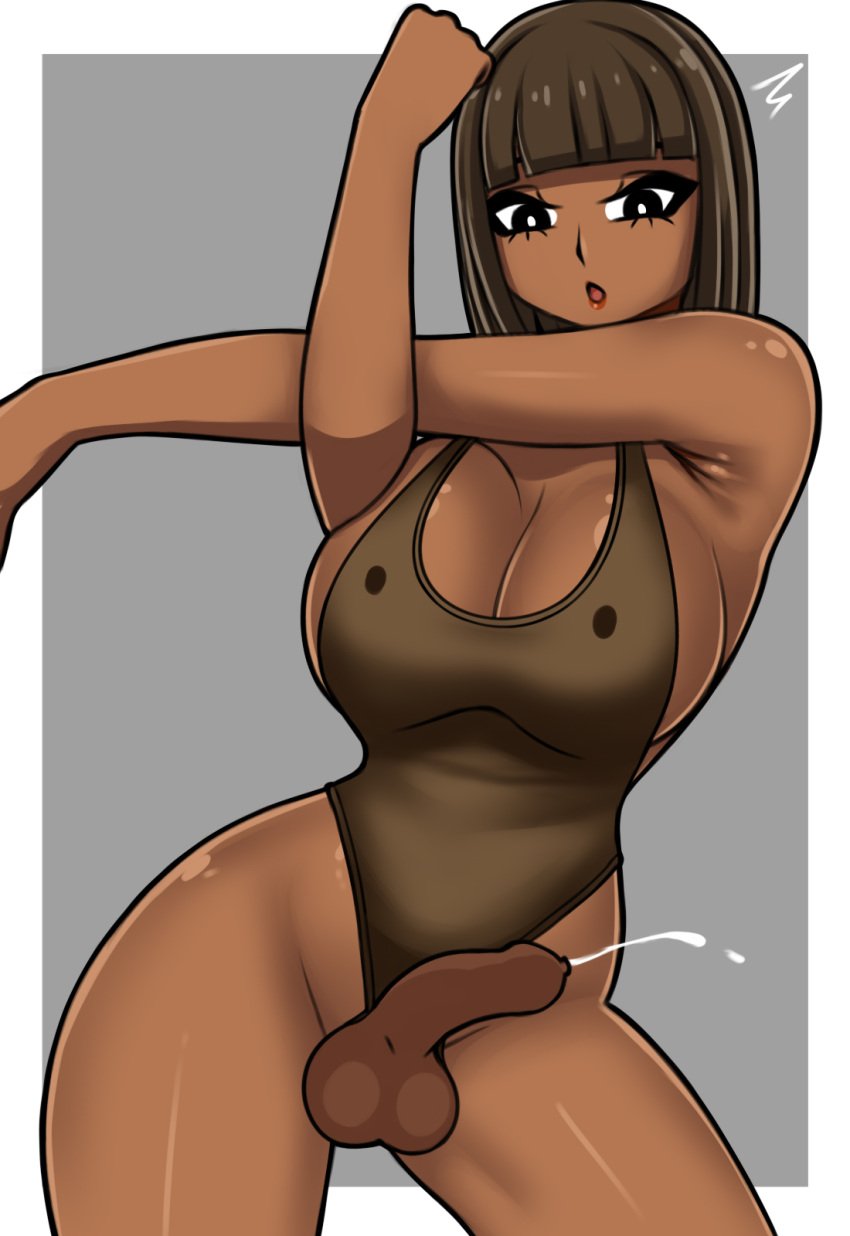 1futa 2d 2d_artwork areolae athletic athletic_female athletic_futa bangs big_breasts bob_cut breasts breasts_out bretta_(capydiem) brown_eyes brown_hair busty cum dark-skinned_futa dark_skin female foreskin futa_focus futanari hourglass_figure intersex large_breasts navel nipples original original_character penis penis_out pinup pinup_pose saberrung short_hair uncircumcised wide_hips
