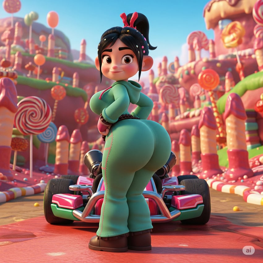 3d_inspired animated_character animated_movie animated_universe anime_style ass_focus big_butt big_eyes boots booty_emphasis bubblegum_colors candy_environment candy_theme candyland cartoon_style character_focus cheerful_expression chibi_style childlike_face colorful_background colorful_world confident_stance curvy_female cute_girl dessert_background detailed_render digital_art disney disney_style dynamic_pose energetic_pose exaggerated_features exaggerated_proportions fanart fast_girl female fictional_character freckles full_body game_girl gloves glowing_background glowing_candy green_hoodie gumball_mountains headband high_contrast hips_focus humanoid kart_driver lollipop_world long_hair looking_at_viewer mischievous_smile pastel_colors pink_green_outfit ponytail race_suit race_track racetrack_aesthetic ribbon_in_hair round_face short_skirt shortstack small_nose smiling smooth_shading solo striped_leggings stylized_female stylized_lighting stylized_world sugar_particles sugar_rush sweet_theme sweets_background thick_thighs thigh_highs tight_clothes turned_back vanellope_von_schweetz vibrant_colors video_game_character waist_focus wreck-it_ralph