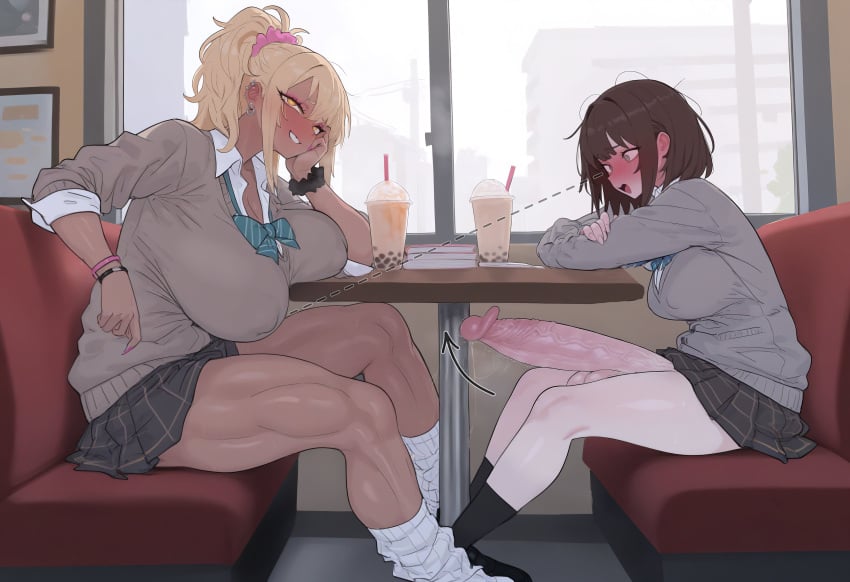 1futa 1girls duo erection female flappytsk futanari gigantic_penis huge_cock human revealing_clothes sitting