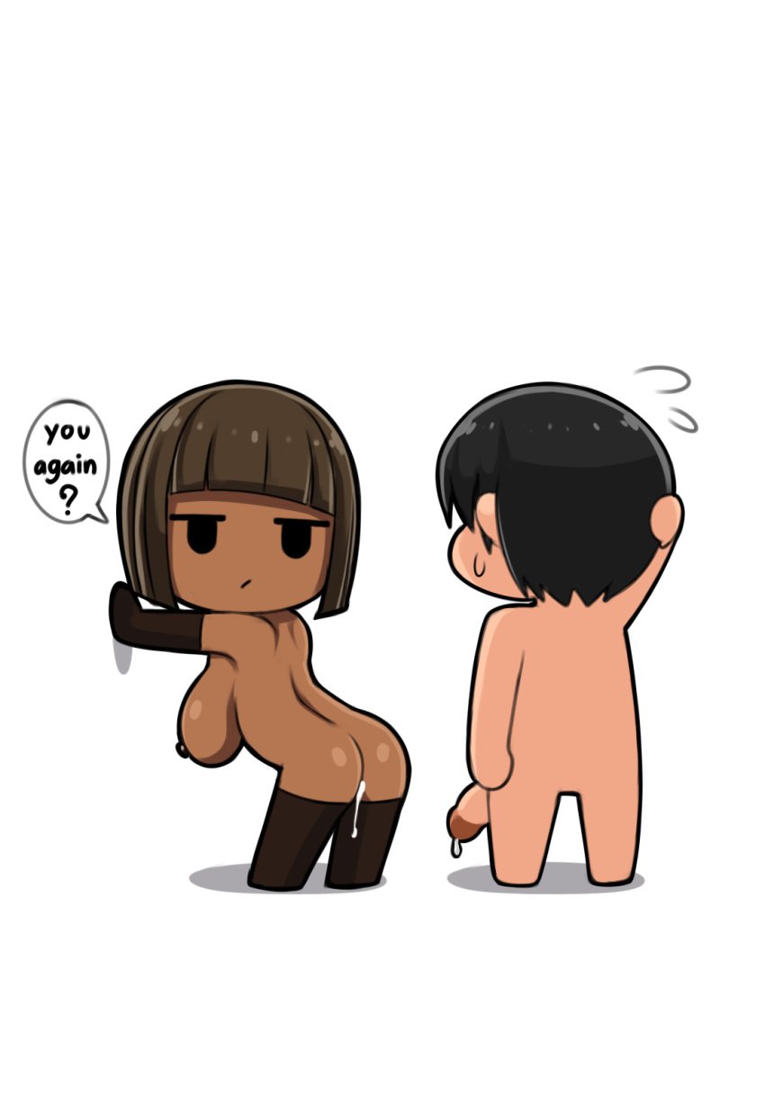 1boy 1futa 2d 2d_artwork anal areolae arms_up athletic athletic_female athletic_futa bangs big_breasts bob_cut breasts breasts_out bretta_(capydiem) brown_eyes brown_hair busty cum dark-skinned_futa dark_skin female foreskin futa_focus futanari hourglass_figure intersex large_breasts male male_on_futa navel nipples original original_character penis penis_out pinup pinup_pose saberrung short_hair uncircumcised wide_hips