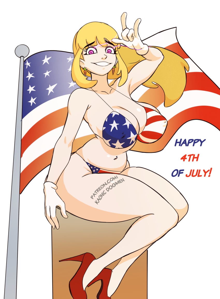 4th_of_july american_flag american_flag_bikini blonde_hair high_heels kaonicdogmen mostly_nude purple_eyes vanessa_(fnaf)