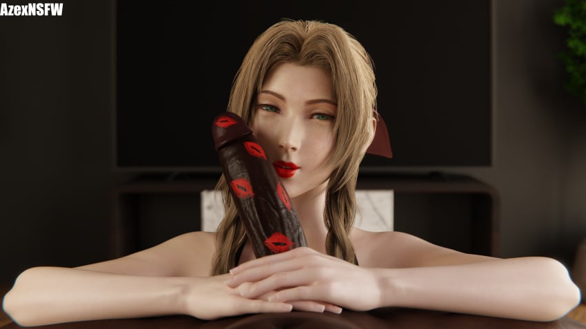 1boy 1girls 3d aerith_gainsborough azexnsfw blender braided_ponytail brown_hair cock cute cute_face dark-skinned_male dark_skin dick eye_contact female final_fantasy final_fantasy_vii final_fantasy_vii_remake green_eyes indoors interracial light-skinned_female light_skin lipstick lipstick_mark lipstick_on_penis long_hair male male/female male_pov penis ponytail pov pov_eye_contact red_lipstick smile straight