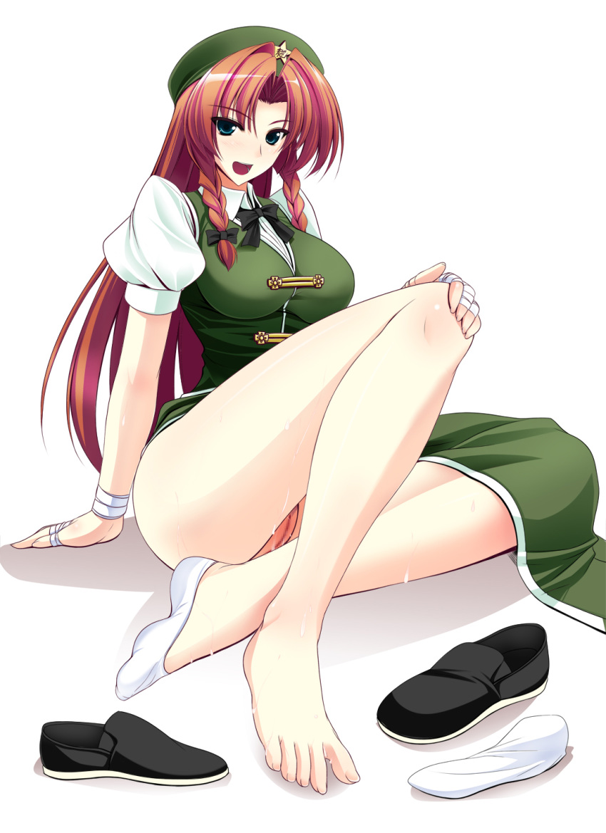 1girls bandages bare_legs bare_toes barefoot blue_eyes blush braid censored cum feet female footwear hat highres hong_meiling long_hair long_legs looking_at_viewer mosaic_censoring naturalton no_panties no_shoes one_bare_foot open_mouth pussy red_hair shoes shoes_removed single_sock socks socks_removed solo sweat toes touhou twin_braids unworn_shoes unworn_socks