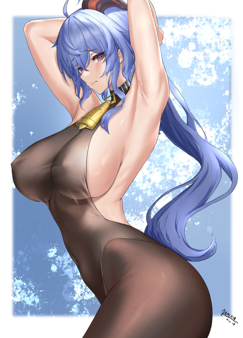 1girls 2022 ahoge animal_collar arched_back armpits arms_behind_head arms_up bell black_collar black_leotard blue_hair bodystocking breasts brown_pantyhose closed_mouth collar covered_navel covered_nipples cowboy_shot duchessofarmeria embarrassed female from_side ganyu_(genshin_impact) genshin_impact goat_horns groin hair_between_eyes highleg highleg_leotard highres horns large_breasts leotard leotard_under_clothes long_hair looking_at_viewer neck_bell pantyhose purple_eyes sideboob signature simple_background skindentation solo