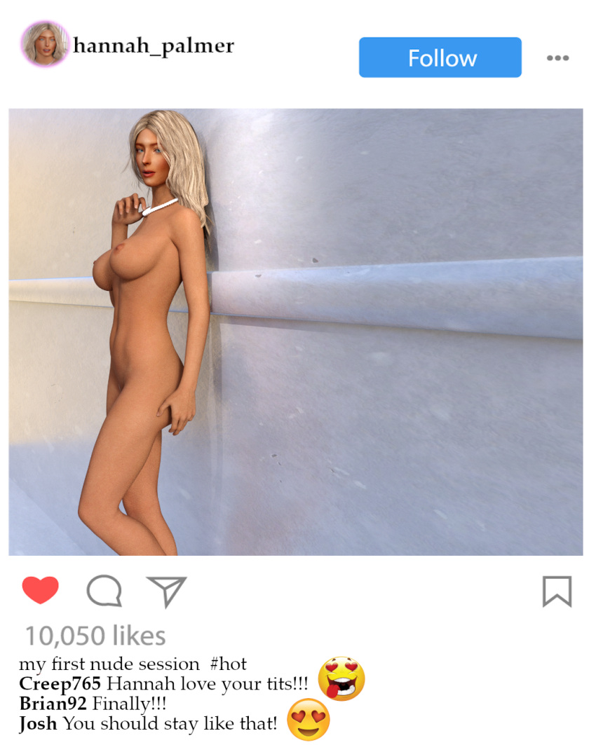 3d against_wall big_breasts blonde_hair curvy_figure female fit_female flirting hannah_palmer instagram instagram_model jewelry jollybizz looking_at_viewer naked_female slim_waist wall