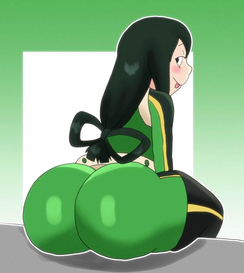 1girls ass big_ass big_butt clothed clothing darkleon female green_hair hero_outfit_(mha) long_hair looking_back my_hero_academia sitting superheroine thick_thighs tsuyu_asui