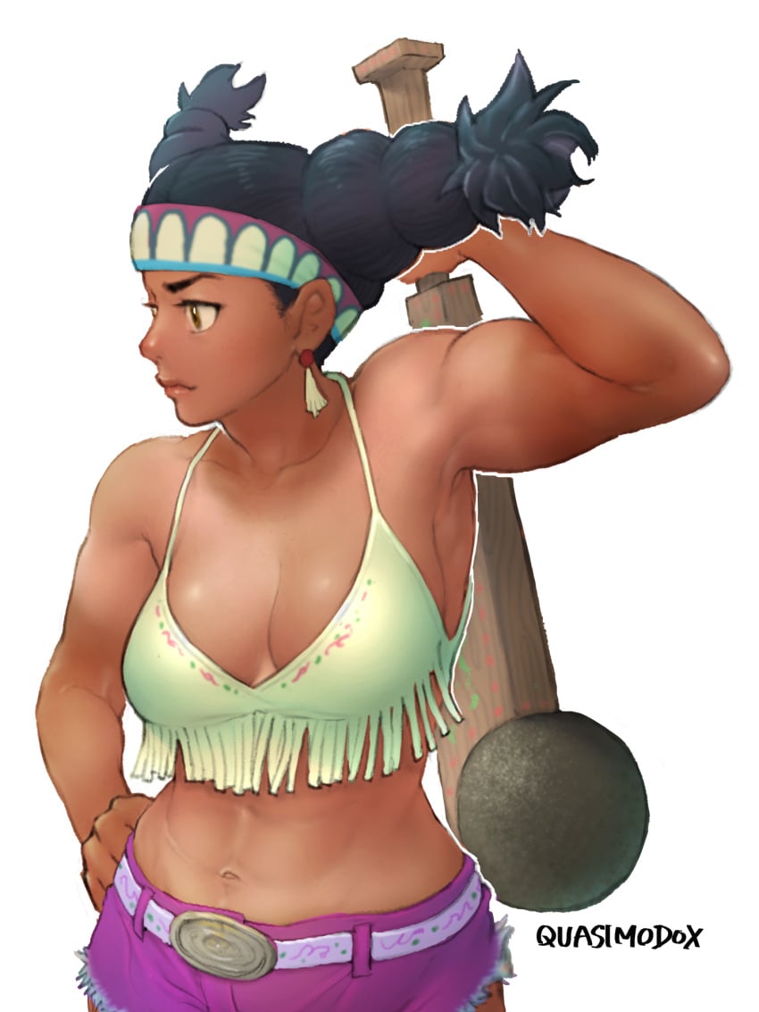 1girls aged_up alternate_costume big_breasts black_hair breasts bunches busty cleavage club_(weapon) crop_top cuauhololli cutoffs dark-skinned_female dark_skin female female_only hand_on_hip headband highres holding holding_club holding_weapon large_breasts lily_hawk long_hair midriff muscular muscular_female native_american navel over_shoulder purple_shorts quasimodox shorts solo spaghetti_strap street_fighter street_fighter_6 tan tanline tassel toned twintails weapon weapon_over_shoulder