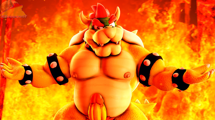 2023 3d_(artwork) anthro anthro_only bedroom_eyes bowser bracelet collar collar_only digital_media_(artwork) erect_nipples erection fire fire_background genitals hi_res horn humanoid_genitalia humanoid_penis jewelry koopa looking_at_viewer male male_only mario_(series) moonwulf mostly_nude musclegut muscular muscular_male narrowed_eyes nintendo nipples nude penis reptile scalie seductive sharp_teeth shell solo solo_focus spikes spikes_(anatomy) spread_arms super_mario_bros._(2023_film) tail teeth turtle turtle_shell