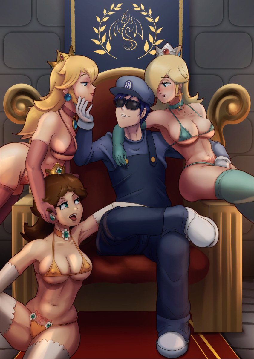 1boy 3girls belly belly_button big_ass blonde_hair blue_eyes blue_hair blue_hair_male blush blushing brown_hair brunette cameltoe child_bearing_hips chin_grab choker cleavage clothed clothed_male commission crown elbow_gloves enemy_conversion enslaved enslaved_royal female femsub godlem green_eyes groping harem highres horny horny_female imminent_sex inmon inside lip_biting lipstick long_hair looking_at_another loving_gaze maledom mario_(series) micro_bikini mother_and_daughter nintendo nipple_bulge non-canon_character non_canon original_character overalls oyakodon pendant pendant_choker princess princess_daisy princess_peach princess_rosalina pubic_tattoo round_breasts royalty sapphire_plumber serayoth_freki shaved_armpit short_hair short_hair_male slave_collar slavegirl slim slim_waist stockings stomach submissive thick_ass thick_thighs thighhighs throne throne_room tongue villain villain_dom villain_win white_gloves