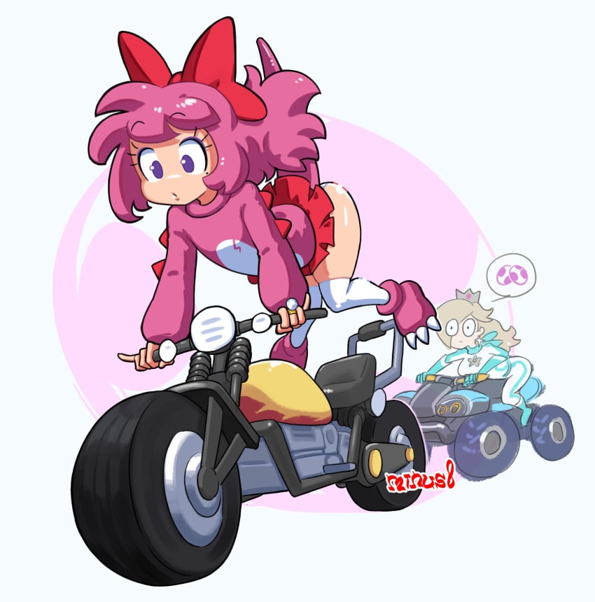 1boy 1girls :o ass bike birdo birdo_boy blonde_hair crossdressing crown driving duo egg eyebrows_visible_through_hair hair_ornament humanized light-skinned_female light-skinned_male light_skin long_hair looking_at_another looking_at_balls male male_focus mario_(series) mario_kart minus8 motorcycle nintendo o.o o_o panties pink_hair princess_rosalina purple_eyes quad racing_suit ribbon simple_background skirt_lift speech_bubble stockings sweater tail trap vehicle watermark