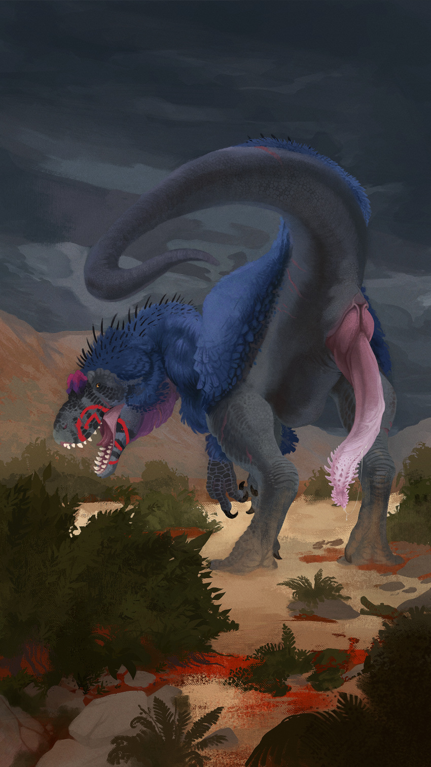 absurd_res allosaurid allosaurus animal_genitalia big_penis cloaca dinosaur genitals hi_res male penile_spines penis plumaserpens presenting reptile saurian_(disambiguation) scalie solo stygimoloch_(artist) theropod