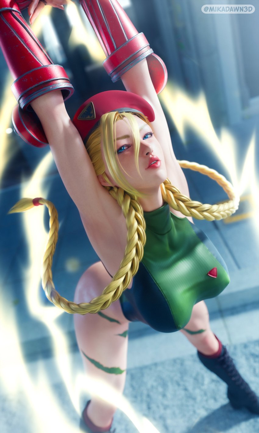 1girls 3d 3d_(artwork) arms_above_head arms_up bent_over beret big_breasts blonde_hair blue_eyes bodysuit boots braid braided_pigtails busty cammy_stretch cammy_white female_only fingers_together gloves human human_only looking_at_viewer mikadawn outdoors outside pigtails solo solo_female street_fighter stretching thighs tied_hair