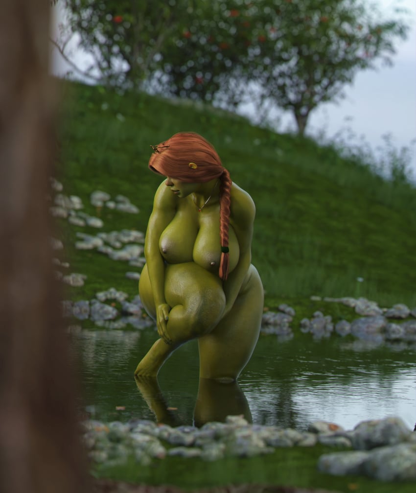 3d apone3d areolae ass bathing big_ass big_breasts braid breasts busty casual dreamworks female female_only freckles green-skinned_female green_eyes green_skin hourglass_figure humanoid large_breasts nude nude_female ogre ogress_fiona outdoors outside princess_fiona princess_fiona_(ogre) red_hair shrek_(series) smiling solo washing wet