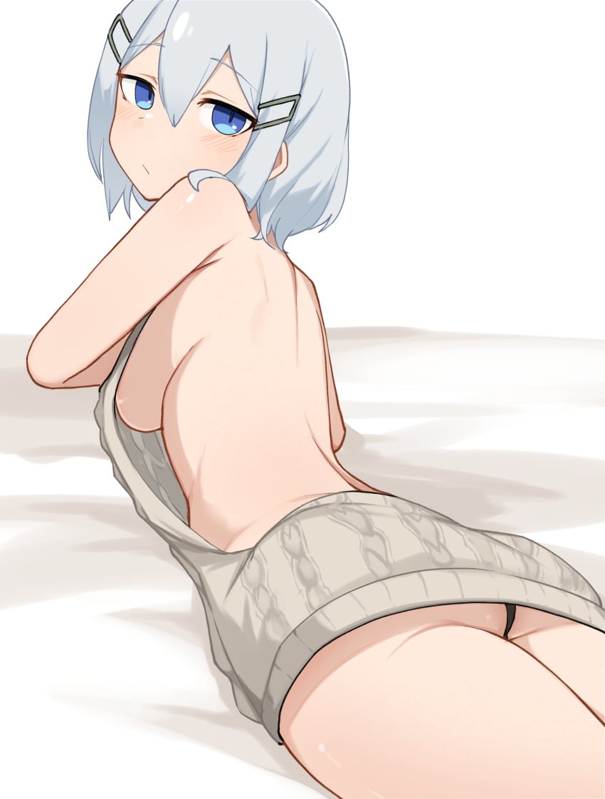 "the_goat" armpits back_view blue_eyes breasts daebom grey_hair hair_clips laying_on_stomach looking_back panties sideboob sweater t-34 t-34-85 t34_family virgin_killer_sweater war_thunder white_hair