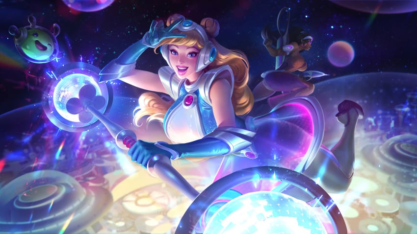 alternate_breast_size blonde_female blonde_hair floating large_breasts league_of_legends luxanna_crownguard makeup official_artwork_edit peace_sign riot_games samira_(league_of_legends) space space_groove_lux space_groove_samira space_groove_series staff sutton184_edits thick_lips thick_thighs third_party_edit