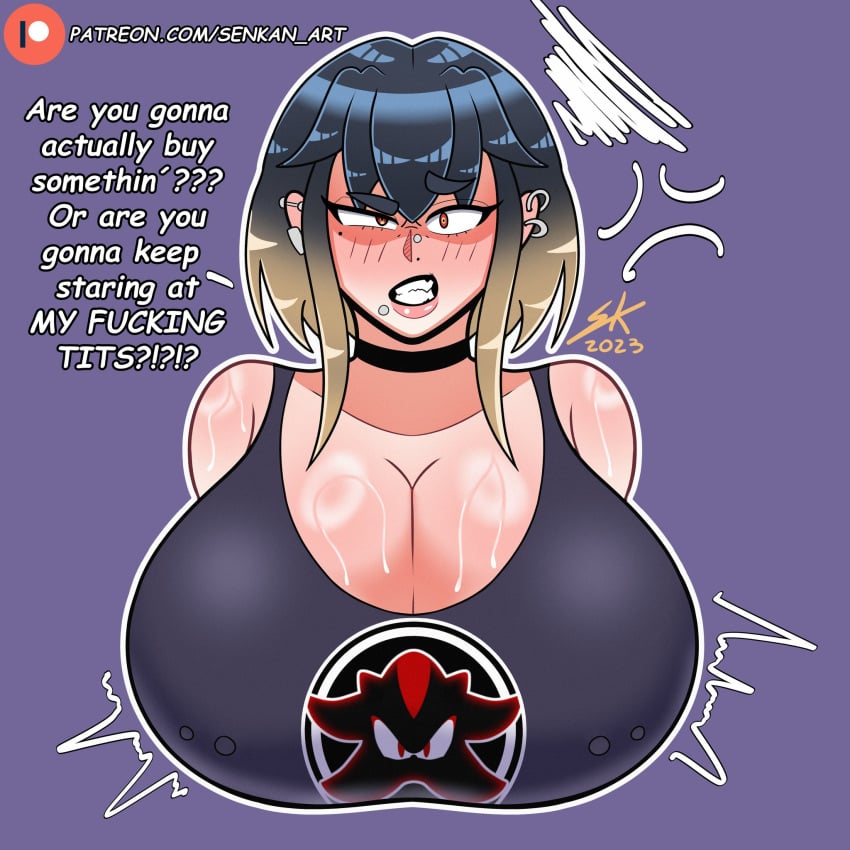 angry angry_face big_breasts blonde_hair daughter dyed_hair earrings english english_text goth goth_girl huge_breasts oc original_character pierced_nipples piercing revealing_clothes senkan_art short_hair simple_background sweat sweaty_breasts thick_thighs voluptuous