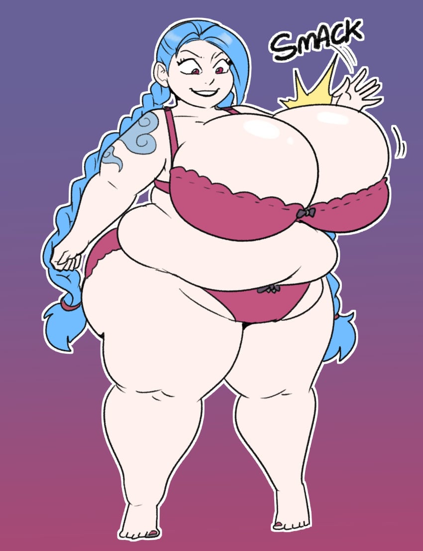 1girls bbw big_breasts blue_hair bra breasts cleavage fat female huge_breasts jinx_(league_of_legends) league_of_legends lewdsona love_handles morbidly_obese_female obese overweight panties plump thick_thighs weight_gain