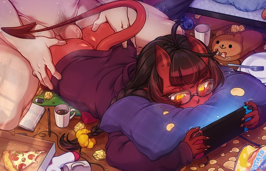 1boy 1girls 2d ass ass_grab big_ass black_hair bottomless chinese_food clothed clothed_female clothed_female_nude_male clothing coffee demon demon_girl demon_horns demon_tail erection female food from_behind gamer_girl gaming glasses horns male meru_(merunyaa) merunyaa nintendo nintendo_switch on_stomach original penetration penis pizza potato_chips prone_bone red-skinned_female red_skin sex straight tagme tail thick_thighs yellow_eyes