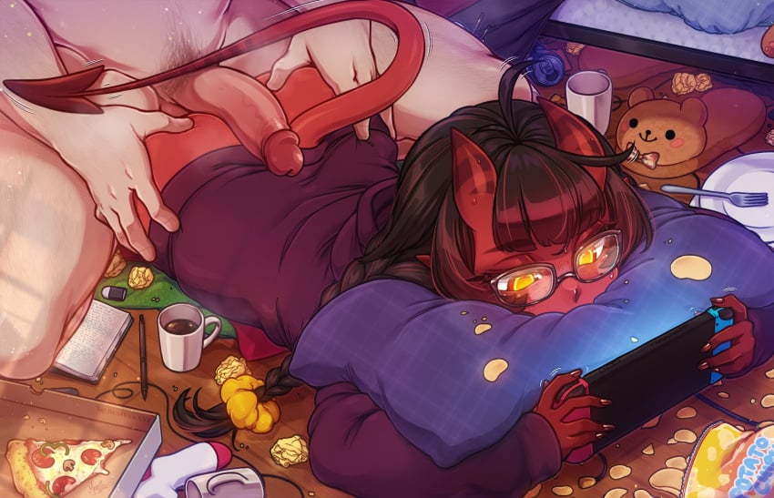 1boy 1girls 2d ass big_ass black_hair bottomless chinese_food clothed clothed_female clothing coffee demon demon_girl demon_horns demon_tail erection female food gamer_girl gaming glasses male meru_(merunyaa) merunyaa nintendo nintendo_switch on_stomach original penis pizza potato_chips red-skinned_female red_skin straight tagme thick_thighs