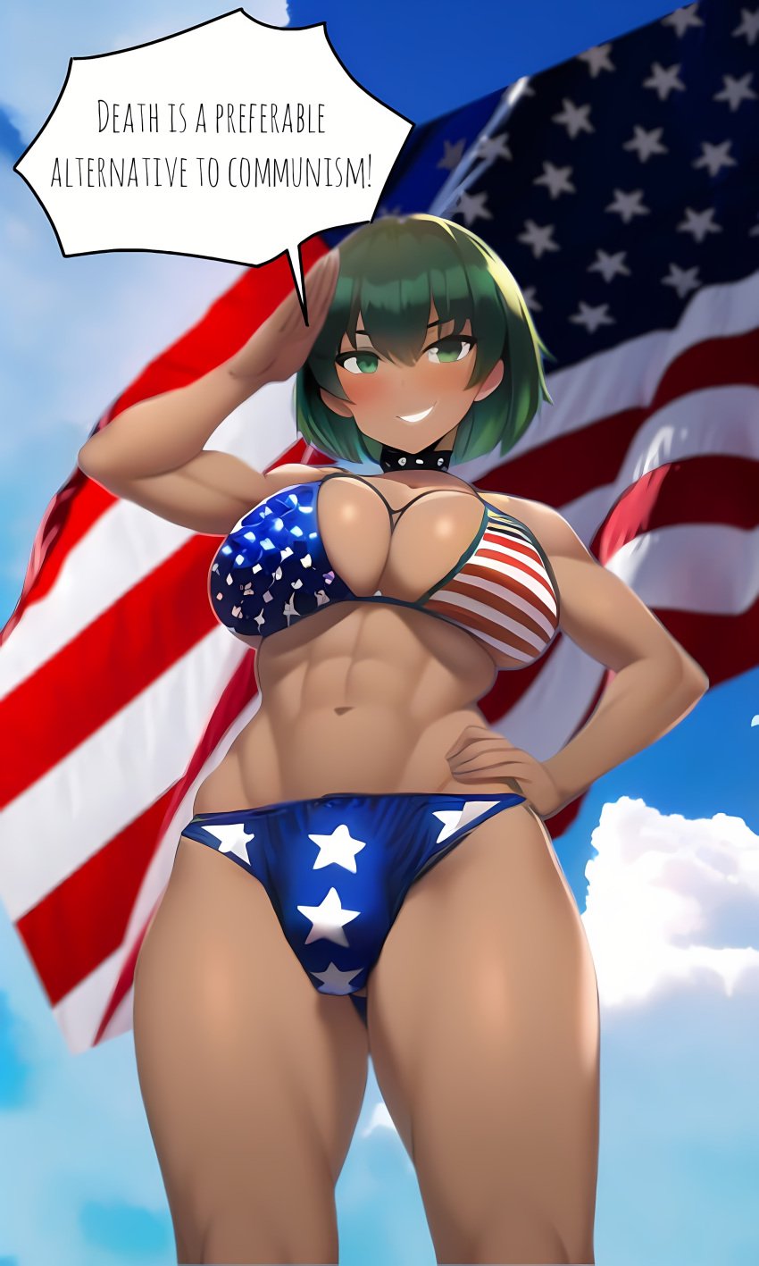 1futa ai_generated american american_flag american_flag_bikini athletic_futanari bikini bulge bulge_through_clothing choker collar cute dark-skinned_futanari flag flag_bikini from_below futanari green_eyes green_hair large_breasts morgan_(xdk141) muscular muscular_futanari novelai patriotic_clothing salute spiked_collar xdk141