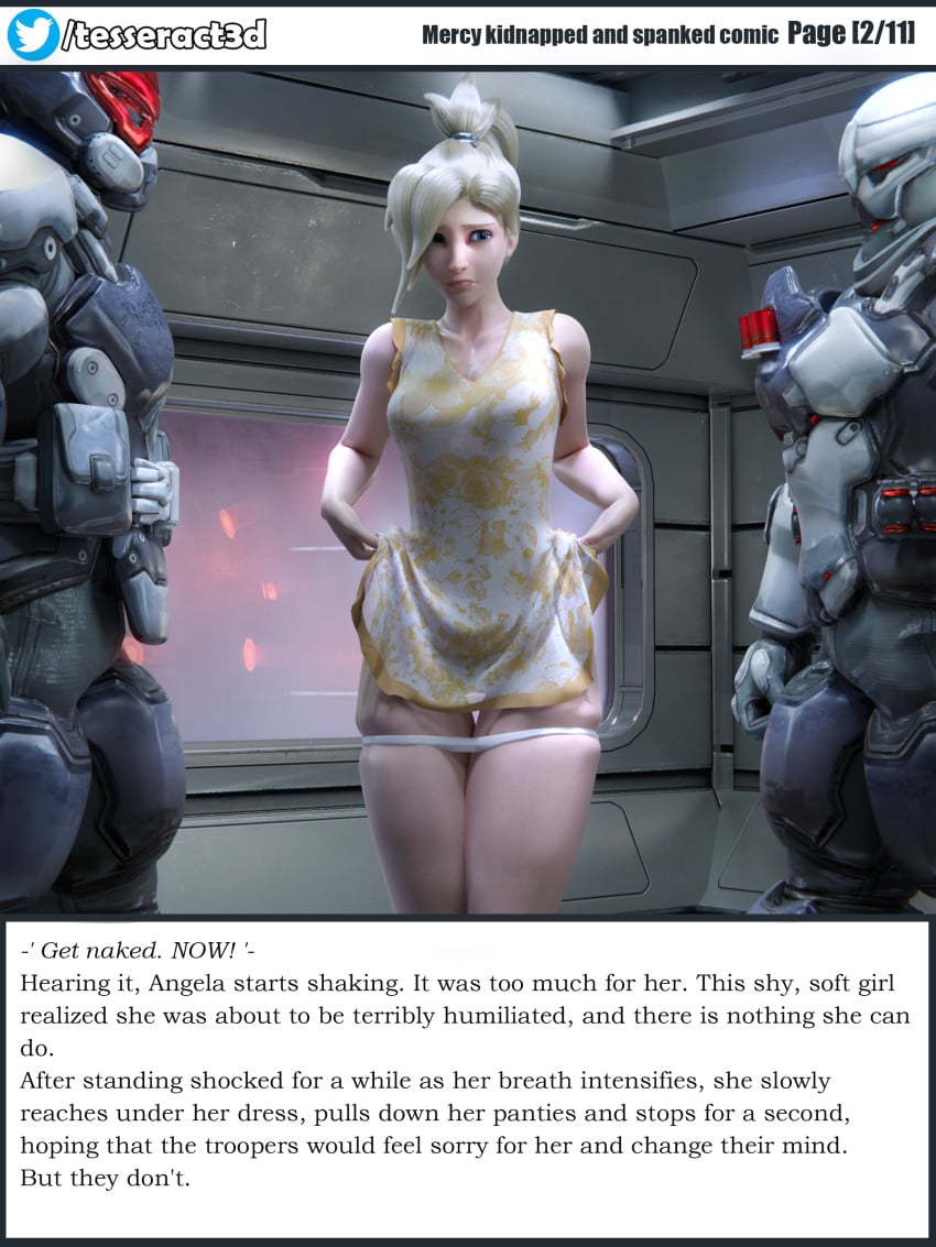 3d bare_arms blonde_hair bondage closed_mouth crying dress dress_lift embarrassed female femsub floral_print forced hips humiliated humiliation kidnapped looking_to_the_side mercy overwatch overwatch_2 panties panties_down screaming standing tears tesseract3d thick_thighs thighs tied_hair torture undressing white_panties