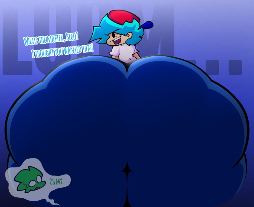 2023 2boys ass ass_expansion big_ass big_butt blue_hair boyfriend_(friday_night_funkin) butt butt_expansion enormous_ass fat fat_ass fat_butt femboy femboyfriend friday_night_funkin fully_clothed ghost-vibezz gigantic_ass hat huge_ass huge_butt hyper_ass implied_facesitting iwanttodieaha looking_at_viewer looking_back looking_back_at_viewer looming male male_only massive_ass newgrounds pico's_school pico_(newgrounds) pov text text_bubble thick_ass thick_butt thick_thighs