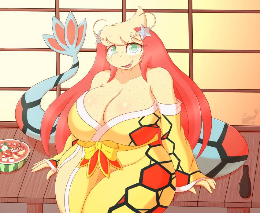 1girls anthro anthrofied big_breasts breasts chubby chubby_female cute female green_eyes japanese_clothes japanese_clothing kimono long_hair long_tail mila_(snackbunnii) milotic pokémon_(species) pokemon red_hair sake sake_bottle snackbunnii solo tail tailfin