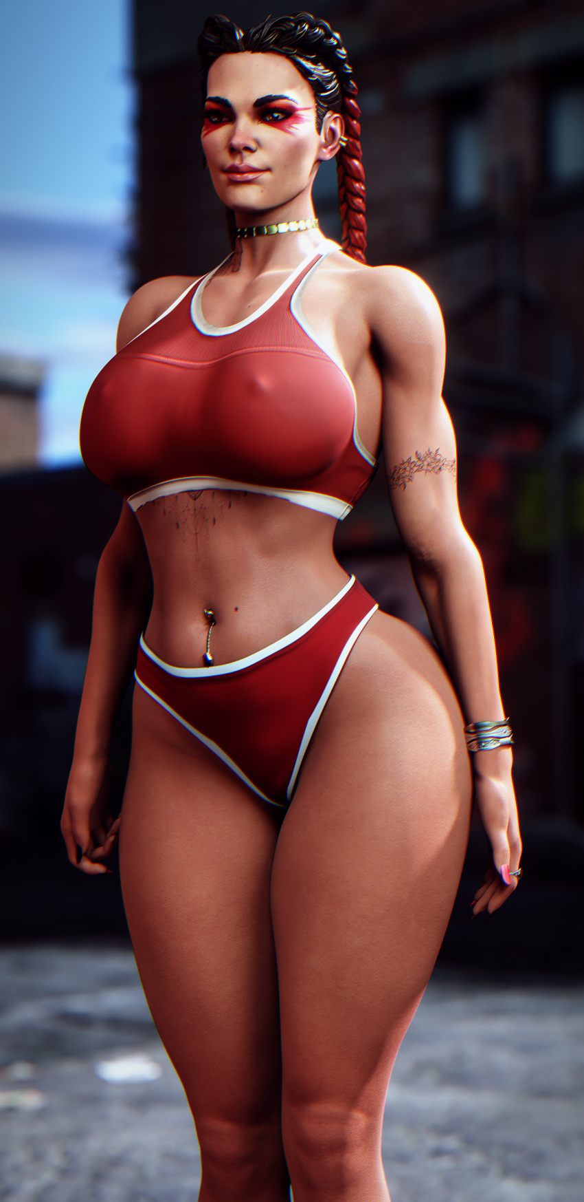 1girls 3d apex_legends ass belly_button_piercing big_ass big_breasts black_hair bracelet braided_hair breadcrumb breasts dark-skinned_female dark_skin female female_only latina loba_(apex_legends) navel_piercing pierced_belly_button pierced_navel plats red_hair respawn_entertainment smile solo solo_female sports_bikini sports_bra sports_panties standing tattoo tattoos thick_thighs tomboy two_tone_clothing two_tone_hair video_game