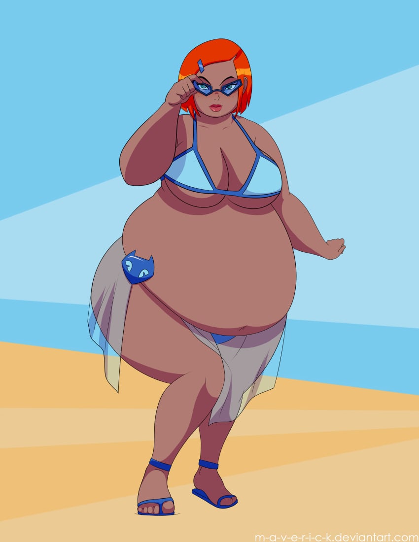 1girls bbw beach belly ben_10 ben_10_omniverse big_belly big_breasts bikini breasts chubby cleavage fat female freckles glasses gwen_tennyson gwen_tennyson_(omniverse) m-a-v-e-r-i-c-k obese orange_hair overweight sandals thick_thighs