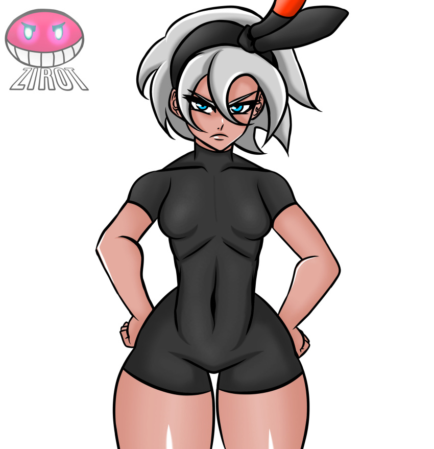 1girls bea_(pokemon) big_ass blue_eyes dark-skinned_female dark_skin female female female_focus female_only fit_female grey_hair hand_on_hip huge_thighs looking_back pokemon pokemon_trainer revealing_clothes see-through thick_thighs thigh_gap thighs wide_hips zirot