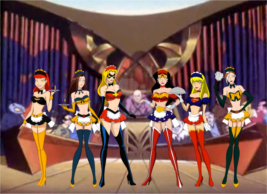 apron avengers barbara_gordon batgirl batman:_the_animated_series batman_(series) black_hair black_manta blonde_hair brown_hair carol_danvers champagne_glass crossover dc_comics dcau deviantart diana_prince duster gloves harem justice_league_unlimited kara_zor-el kitty_pryde lex_luthor lipstick maid maid_uniform marvel marvel_comics mind_control ms._marvel red_hair red_lipstick rogue_(x-men) serving_tray shadowcat super_friends supergirl superman_(series) the_avengers:_earth's_mightiest_heroes the_new_batman_adventures thighhighs watermark watermark_removed white_streak wolverine_and_the_x-men wonder_woman wonder_woman_(series) x-men yellow_eyes