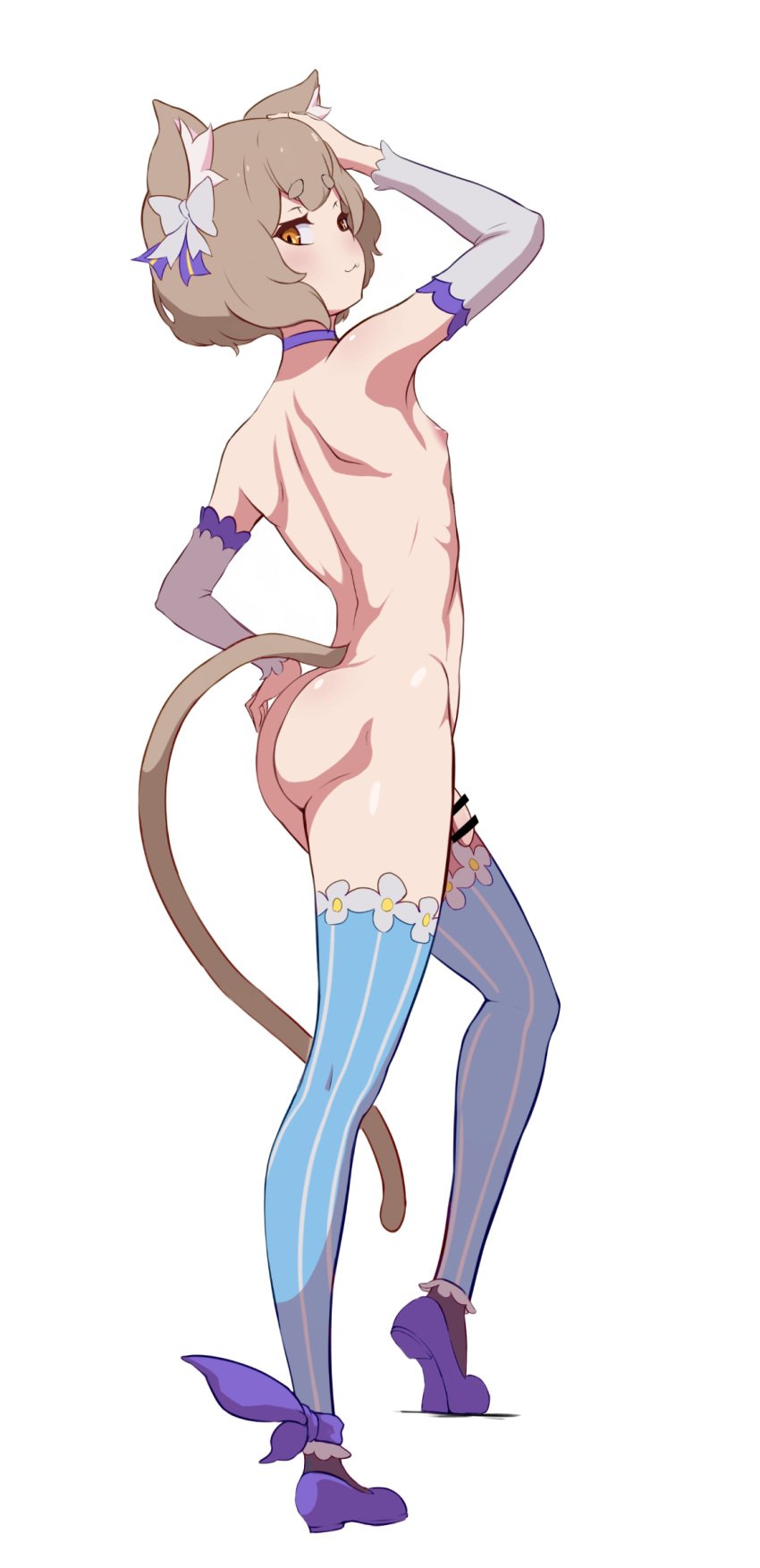 1boy :3 armwear atsutsu bangs bar_censor blue_legwear blue_ribbon brown_hair cat_ears cat_tail catboy censored censored_penis choker felix_argyle femboy femboy_focus femboy_only functionally_nude functionally_nude_femboy functionally_nude_male hair_between_eyes hair_ribbon hand_on_ass hand_on_head legwear looking_at_viewer looking_back looking_back_at_viewer male_focus male_only muscular muscular_femboy muscular_male orange_eyes re:zero_kara_hajimeru_isekai_seikatsu ribbon_choker short_hair solo trap white_armwear