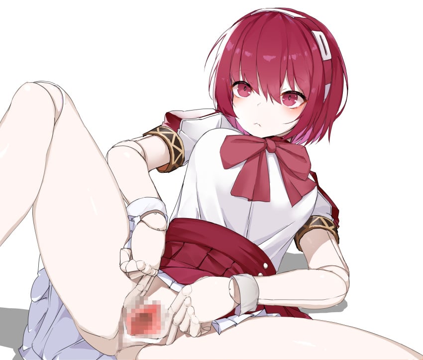 :< absurdres android bare_legs blush bob_cut breasts censored closed_mouth commentary_request cuffs dorothy_haze feet_out_of_frame female hair_between_eyes hairband highres joints large_breasts light_frown mosaic_censoring neck_ribbon pale_skin puffy_short_sleeves puffy_sleeves pussy red_eyes red_hair red_ribbon red_skirt ribbon robot_joints shirt short_hair short_sleeves simple_background sitting skirt solo spread_legs spread_pussy va-11_hall-a white_background white_shirt white_skirt yanagui