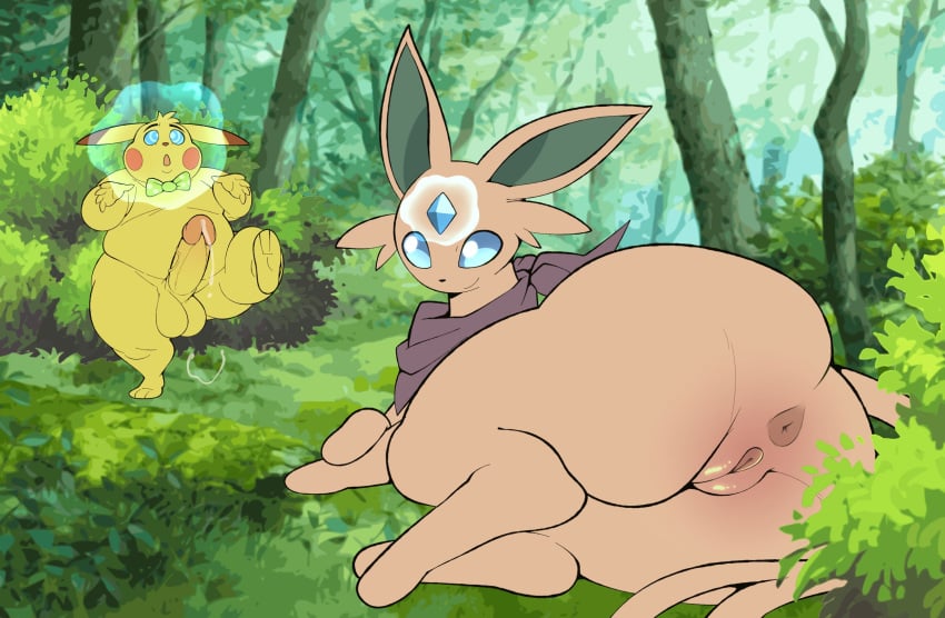 1boy 1boy1girl 1girls almost_nude anthro anthro_female anthro_male anthrofied anus balls barely_clothed big_ears big_penis blue_eyes bodily_fluids bowtie circumcised crossed_legs crossed_paws crossing_arms crossing_legs dripping_precum dubious_consent eeveelution erection ero_(character) eroborus espeon feet female feral forest forest_background generation_1_pokemon generation_2_pokemon grass grass_field humanoid_genitalia humanoid_penis hypnosis hypnotic_eyes hypnotizing_viewer imminent_sex looking_at_viewer lying lying_down male nintendo open_mouth pikachu pokemon pokemon_(species) precum precum_drip precum_string purple_fur pussy questionable_consent scarf smile tail tree trees vagina veiny_penis walking wet_pussy yellow_fur