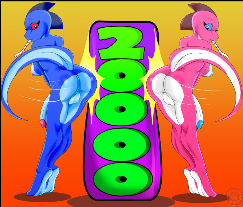 2018 achievement alternate_color anthro areola ass balls big_breasts big_penis blue_areola blue_body blue_eyes blue_glans blue_nipples blue_scales blue_skin breasts butt_bump celebration digital_media_(artwork) duo genitals glans gradient_background gynomorph herm_(lore) hip_check intersex june_(justathereptile) justathereptile komodo_dragon lizard looking_at_viewer milestone_celebration monitor_lizard motion_lines nipples non-mammal_breasts nude number orange_background party_horn penis pink_areola pink_glans pink_nipples raised_tail red_eyes reptile scales scalie scutes simple_background smile standing_on_toes tail watermark yellow_background