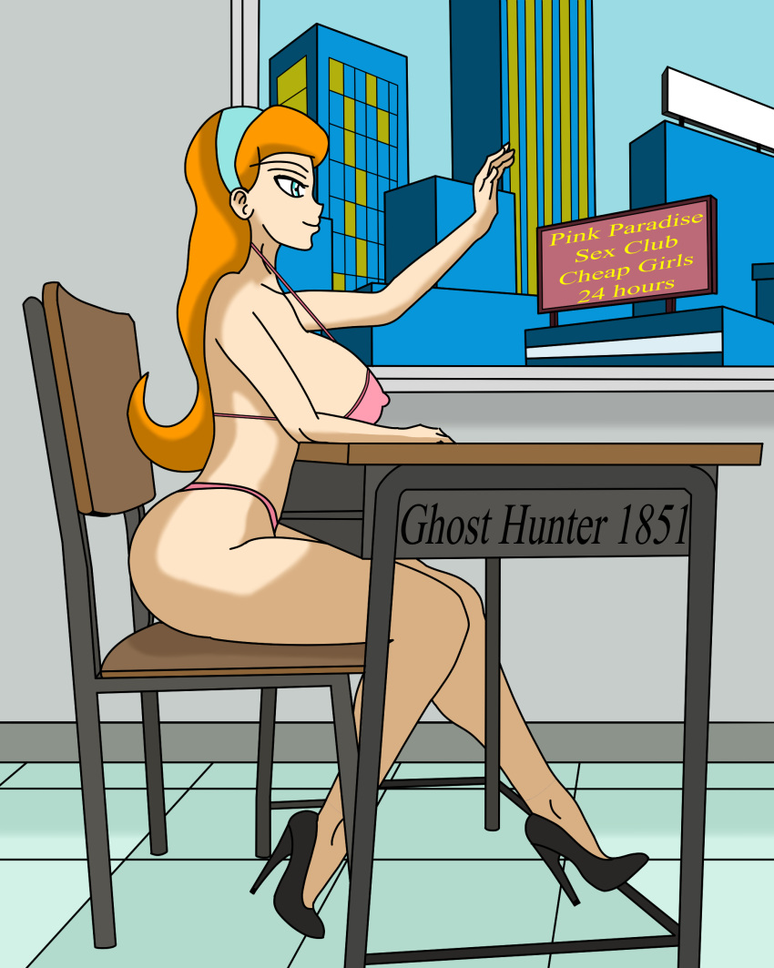 1girls alternate_version_available bikini blue_eyes commentary_request danny_phantom female female_only ghosthunter1851(artist) high_heels jazz_fenton long_hair nickelodeon profile red_hair side_view sideboob sitting sitting_on_chair smile solo thong thong_bikini