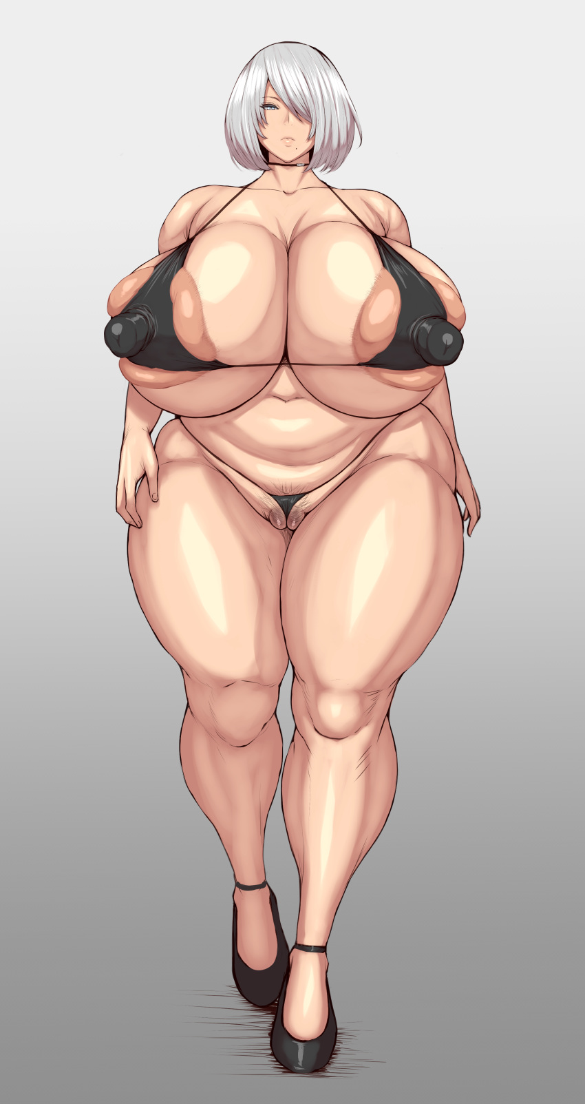 1girls 2020s 2022 2d 2d_(artwork) absurd_res absurd_resolution absurdres alternate_version_available android barely_clothed bbw beauty_mark belly bikini bikini_bottom bikini_top black_heels blindfold_removed blue_grey_eyes breasts busty calves color curvy erect_nipples female female_focus female_only female_pubic_hair front_view full_body gigantic_breasts hairy_pussy high_heels hips ineffective_clothing knees large_areolae micro_bikini mole mole_under_mouth nier nier:_automata nier_(series) nipples nipples_visible_through_clothing over_1080p plump ponkotsuu pubic_hair pubic_hair_peek shiny_hair shiny_skin short_hair standing thick_thighs thighs venus_body very_high_resolution voluptuous voluptuous_female white_hair wide_hips yorha_2b