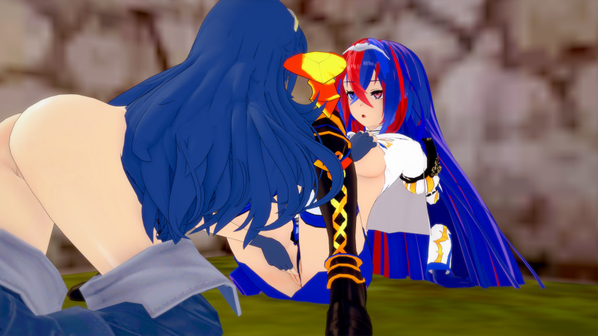 2girls 3d :o alear_(female)_(fire_emblem) alear_(fire_emblem) blue_hair bottomless breast_grab fingering fingerless_gloves fire_emblem fire_emblem_awakening fire_emblem_engage hornierronald_(artist) koikatsu lucina_(fire_emblem) multicolored_eyes multicolored_hair public_sex red_hair ronaldnsfw self_upload yuri